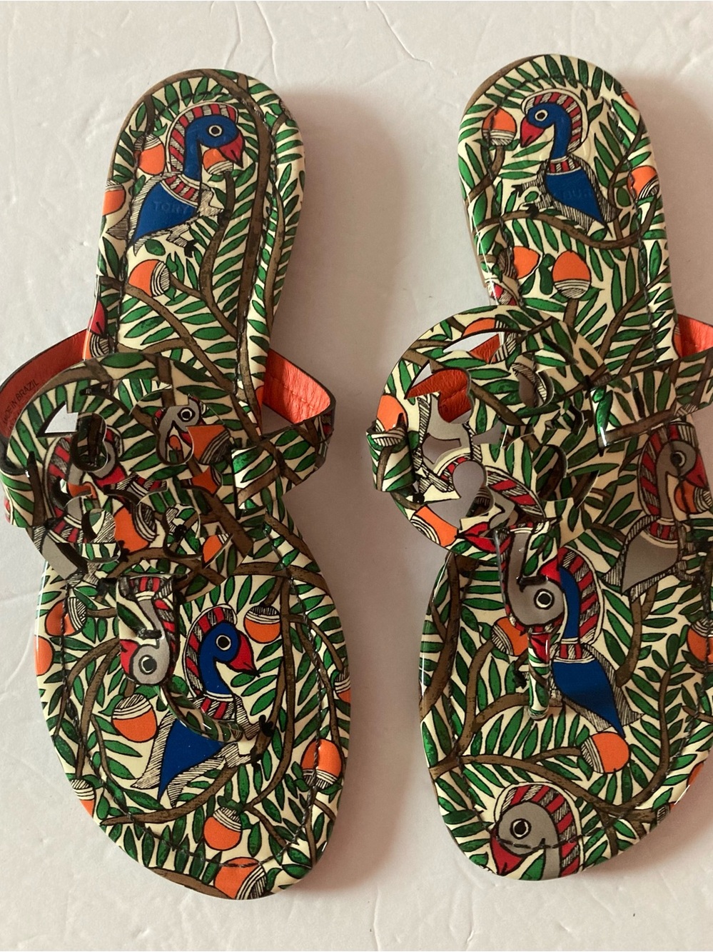 Tory Burch SZ 7M Peacock Wild Bird Print Slide Sandals in Green, Blue.Rare!